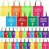 Vincreem 32 Pcs Christian Religious Gift Bag 8 x 8 Inch Non Woven Party Favor Bags Jesus Fabric Bags with Handles Neon Reusable Tote Bag Bulk for Goodie Treat Candy Birthday, Multi Colors