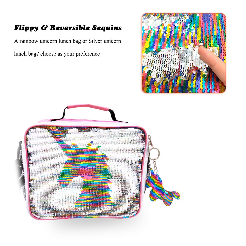 Insulated Unicorn Lunch Bag for Girls, Flippy Sequin Kids Lunch Box with Shoulder Strap and Compartment, Childrens Picnic Cooler Bag with Bottle Holder, Personalised Lunch Tote Bag for School