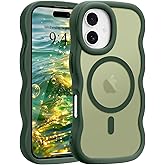 Pepmune for iPhone 16 Case, Curly Wavy Frame Hard Translucent Matte Clear Back Cover for Women Men Compatible with Magsafe TPU Bumper Shockproof Drop Protection Phone Case for iPhone 16, Green