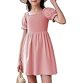 JiAmy Girls Summer Dress Ruffle Puff Sleeve Casual Dresses for Kids Square Neck Smocked Flowy Dress 5-14 Y