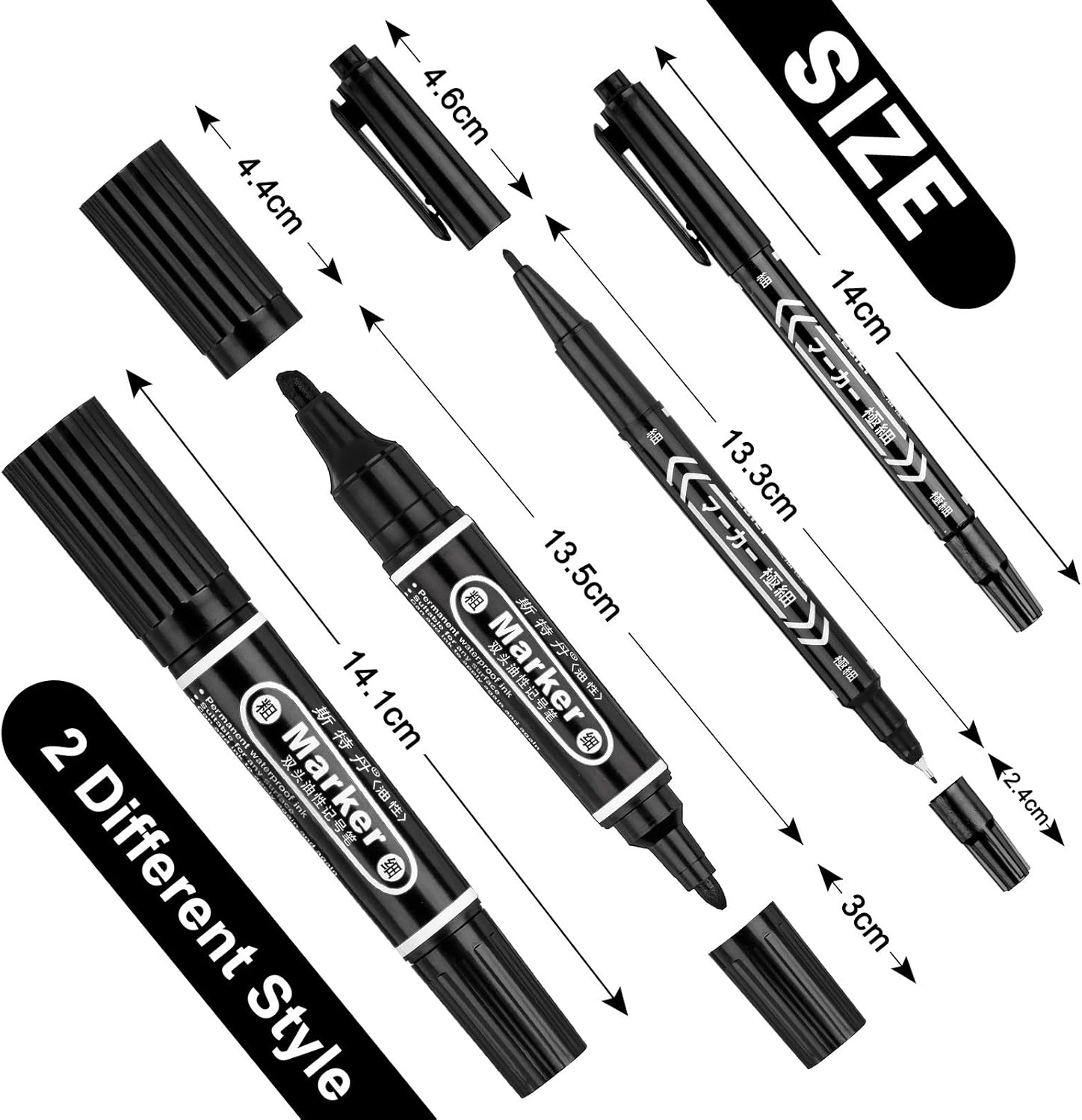 Whaline 12pcs Dual-Tip Permanent Markers 4 Sizes Marker Pen Ultra Fine Tip & Fine Tip & Chisel Tip Black Drawing Line Pen for Card Wood Glass Metal Ceramic Rock Painting Art Projects - Image 3