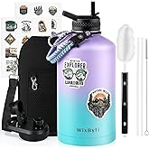 WixByti One Gallon Water Bottle Insulated, Triple Wall Vacuum Cold for 48 Hrs & Leak-proof & Non-BPA, 128oz Large Sports Stainless Steel Water Jug with Paracord Handle Straw Spout Lids & DIY Stickers