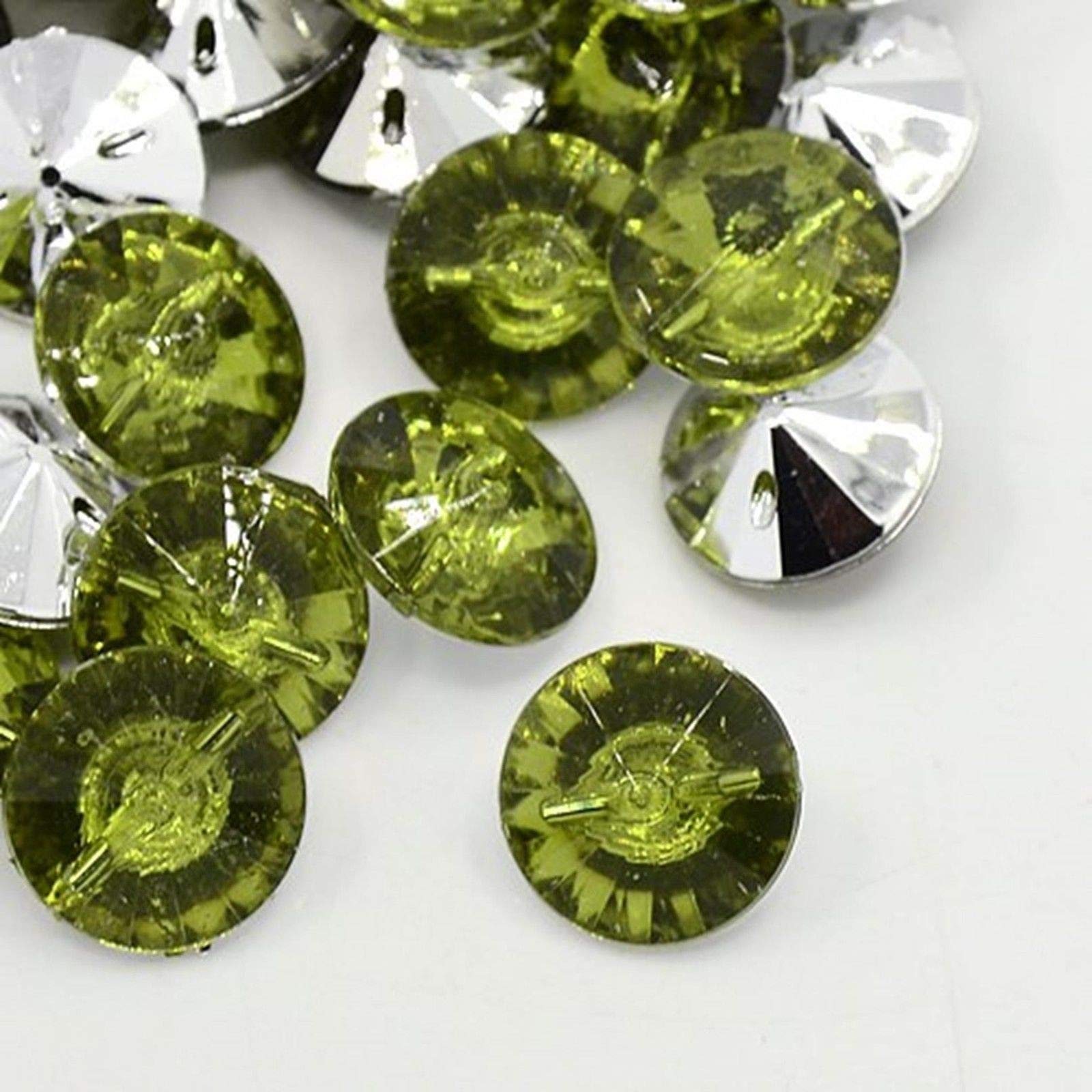 Pack of 100 Olivine Green Round 15mm Acrylic Crystal Faux Diamond 1 Hole Buttons – Sewing, Scrapbooking, Card Making Art — image 1