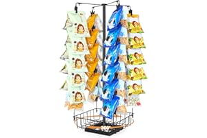 PSUTBPAT Chip Rack Display Stand with Basket, 4-Row Snack Retail Display Rack, 360° Rotating 56 Clips Countertop Snack Hanger Holder Organizer Candy Display Rack for Concession Countertop Party Snack Display