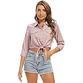 Women's Tie Front Chambray Shirts Roll Up 3/4 Sleeve Button Down Crop Denim Tops