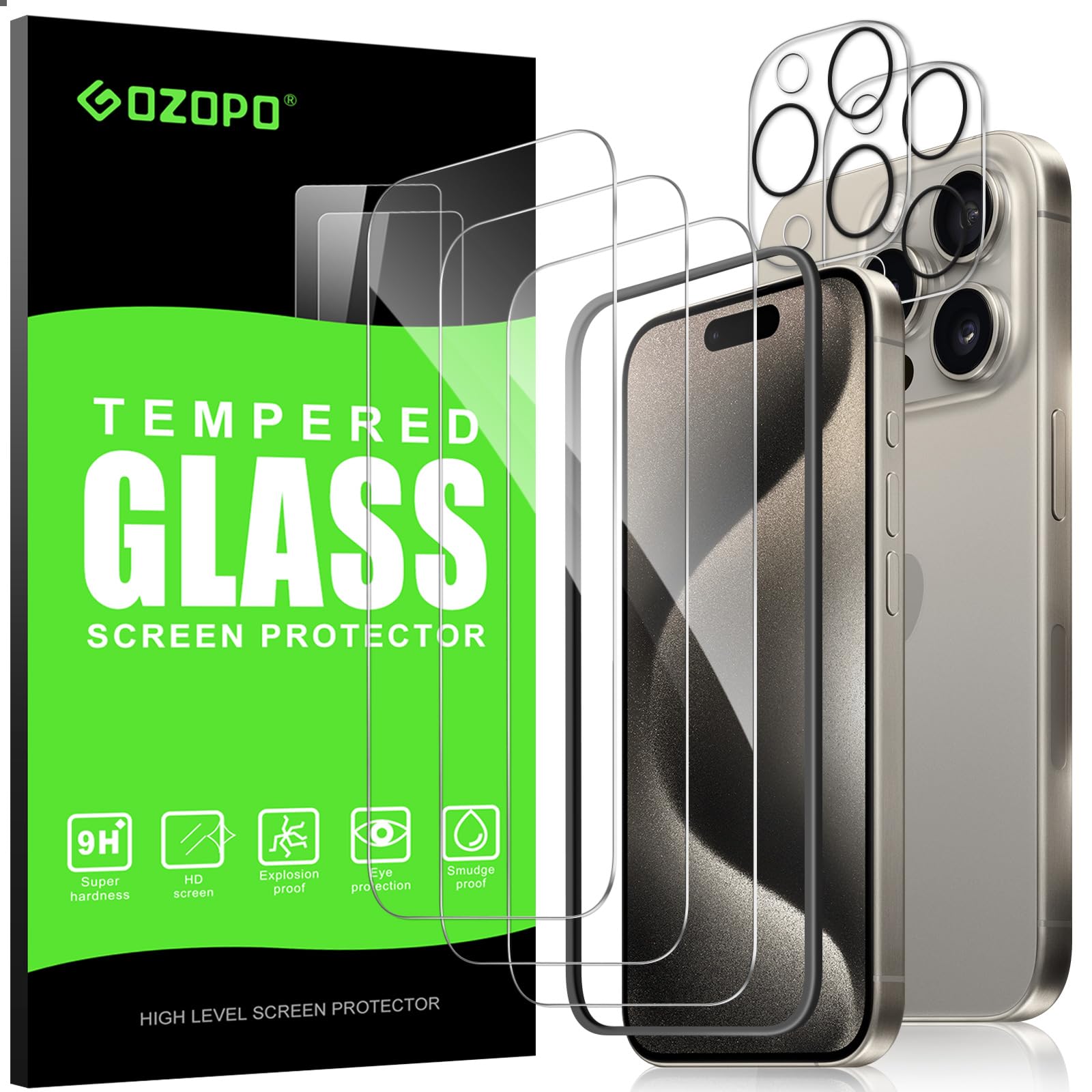 Photo 1 of GOZOPO for iPhone 15 Pro (6.1 inch), 3 Screen Protector + 2 Lens Protector, with Easy Installation Tool, HD Clear, 9H Hardness, No Bubbles