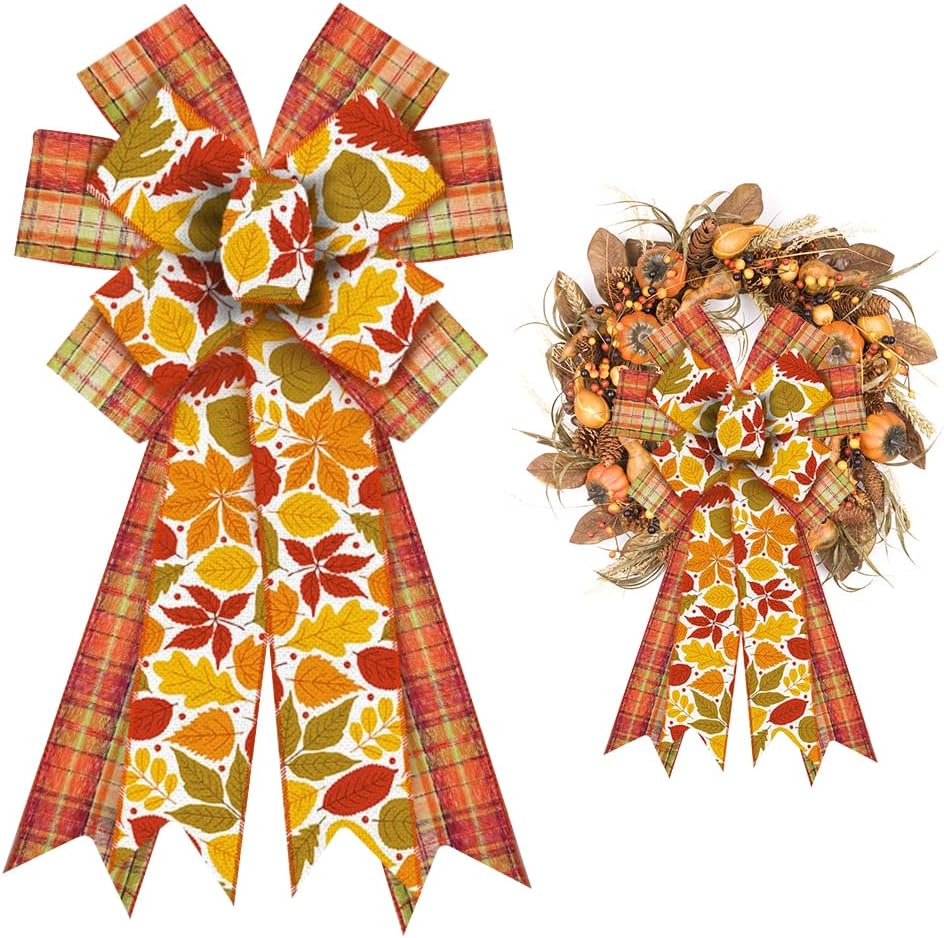 Bows & Ribbons - ALIBBON Large Fall Bows for Wreaths, Thanksgiving Wreath Bows, Orange Buffalo Plaid Bows, Mapel Leaves Bows for Front Door, Fall Thanksgiving Decor, Burlap Bows for Wreath Indoor Outdoor Decorations