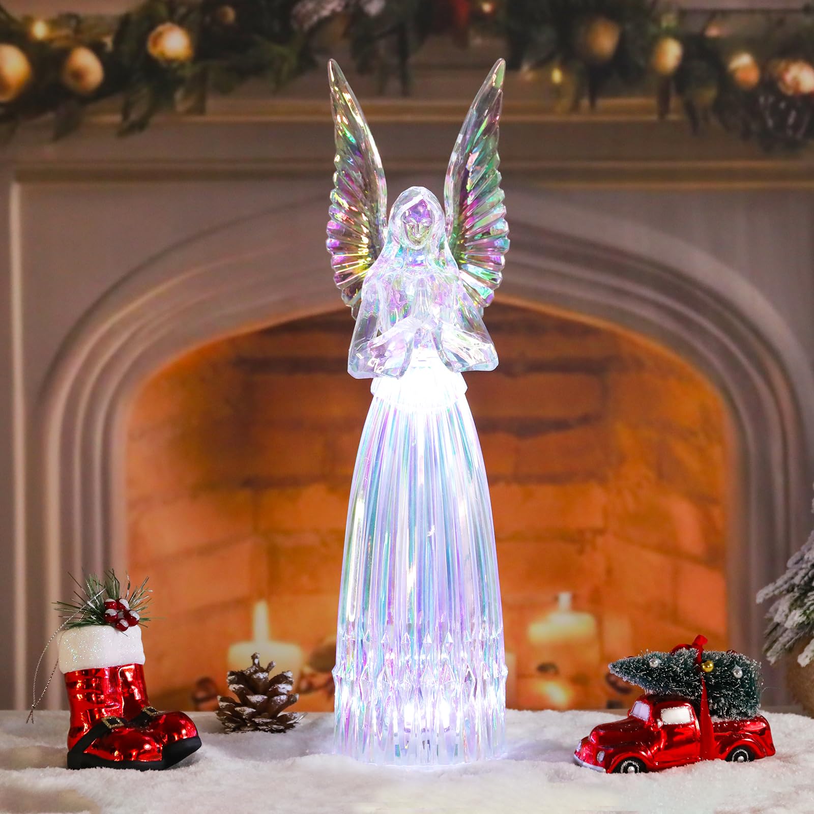 Photo 1 of (NEEDS BATTERS) Wonder Solar Christmas Angel Figurines Acrylic Light Up Angel Statue Christmas Devout Prayerer Angel Home Decor 3 AAA Battery Powered Table Decoration Gift for Kids Women