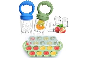 TOHECU Silicone Baby Fruit Feeder & Breastmilk Popsicle Molds Freezer Tray with Lid, 2 Pack Baby Food Feeder to Teething Relief, Introduce New Foods, Self Feeding, Includes 6 Food Pacifiers (Green+Dark Blue)