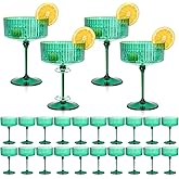 HKSZEH 24 PCS Plastic Martini Glasses 10 oz Detachable Gold Rim Green Ribbed Coupe Glasses Vintage Christmas Martini Cocktail Glass for Bar,Margarita,Gin,Tequila, Desserts and Snacks