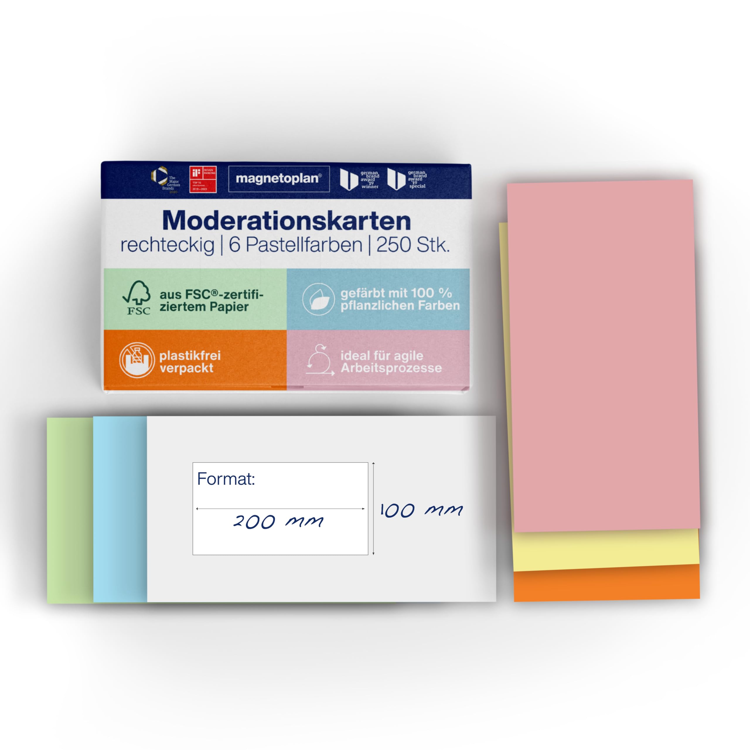 magnetoplan Moderationskarten, rechteckig | BxH 200x100 mm | 250 Stück | Kommunikationskarten in 6 Pastellfarben | Für Meetings und Präsentationen | FSC-zertifiziert und kunststofffrei verpackt