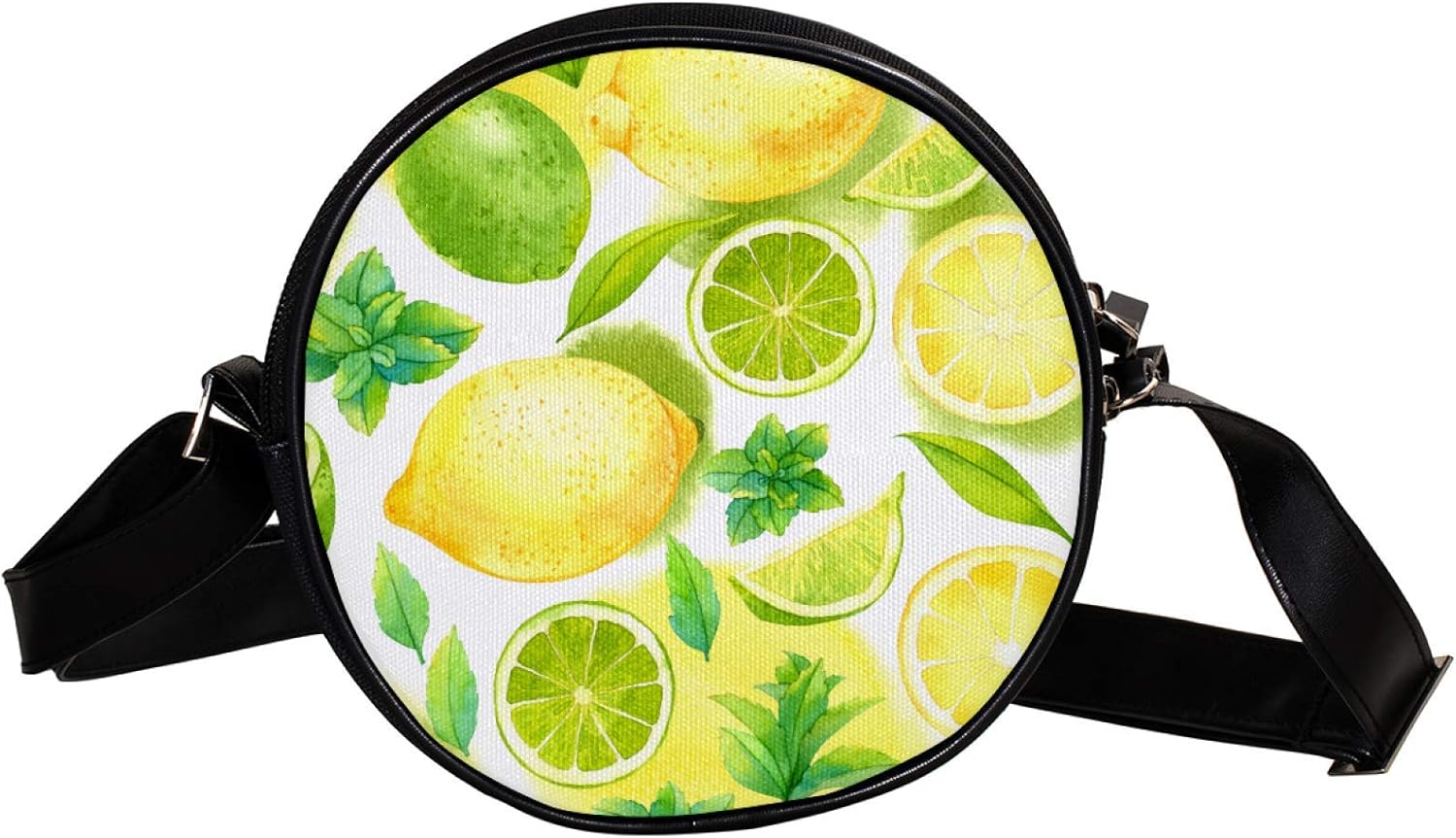 Bolsa cruzada redonda de acuarela con diseño de hojas de fruta y limón