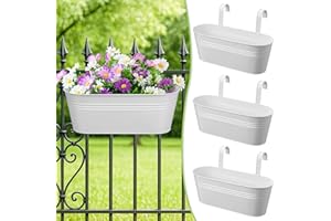 BEHEN BAHEN 3 Pcs Large Balcony Planters Railing Hanging Flower Pots- 16.2 Inch Metal Railing Planter Box Fence Planters for Outdoor Plants with Detachable Hooks and Drain Holes for Garden Decor (White-16.2inch)