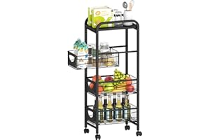 RKVPCNE Slim Rolling Storage Cart Small Narrow Kitchen Metal Storage Cart with Lockable Wheels Slim Laundry Bathroom Storage Cart with Wooden Top for Kitchen Laundry Narrow Places with Pull-Out Basket Black