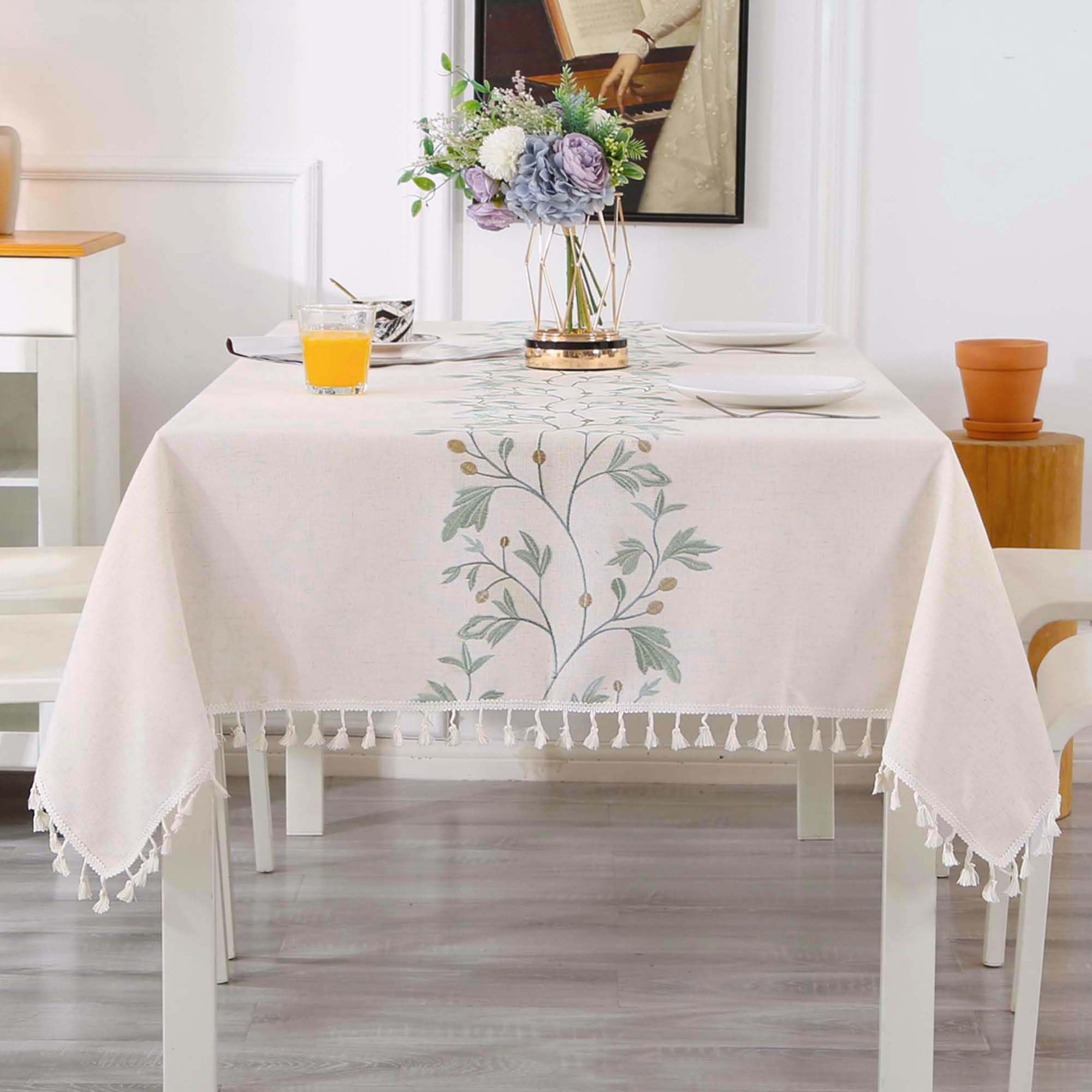 SUCHDECO Tablecloth Rectangular Cotton Linen Table Cloth 140x180 cm, Beige Tablecloth with Green Leaf Embroidery Tassels Washable Rectangle Table Cover for Dining Table Kitchen Room Party Decor