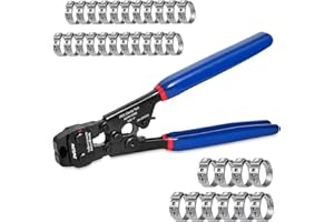 JWGJW Pex Pipe Cinch Clamp Tool Ratchet Crimping Removing Function Tool Kit with 22 PCS 1/2 Inch 10 PCS 3/4 Inch Pex Stainless Steel Pinch Crimp Rings.