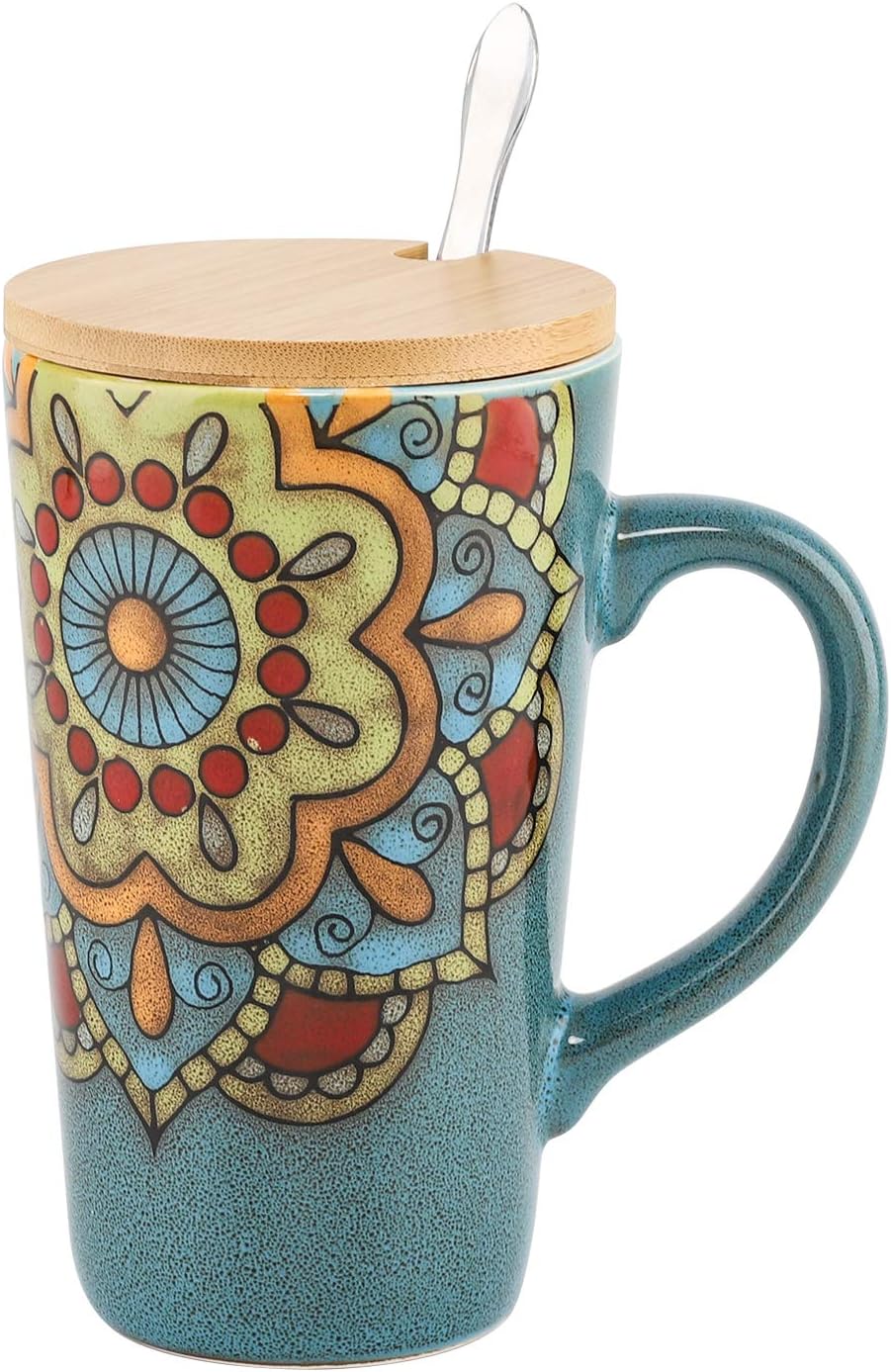 Large Tall Blue Ceramic Mugs, COAWG 17 oz Capacity Coffee Cup with Wood Lid and Handle&Spoon,Handmade Bohemian Style, Tea for Catering, Afternoon tea, Gifts(Blue)