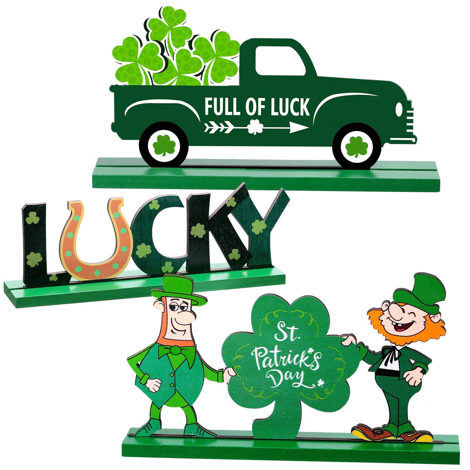 Chuangdi 3 Pcs Wooden St. Patrick's Day Table Decorations Shamrock Table Decor Green Truck Leprechaun Lucky Sign Table Centerpiece for Home Table Mantel Saint Patrick's Day Decoration Irish Ornament