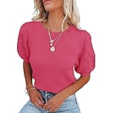 Womens Short Sleeve Sweaters Crewneck Knit Pullover Tops 2025 Summer Casual Lightweight Crochet Blouse Shirt Rose Red