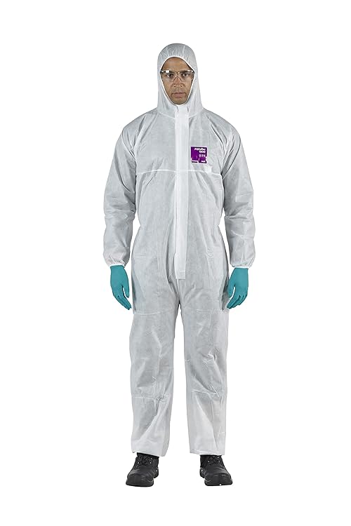 Ansell AlphaTec 1500 Model 138, Disposable Work Overall with Hood, Chemical Protection Type 5/6, Water Repellent Coverall Suit, Industrial Safety Workwear, Men Women, White, Size L (1 Unit)