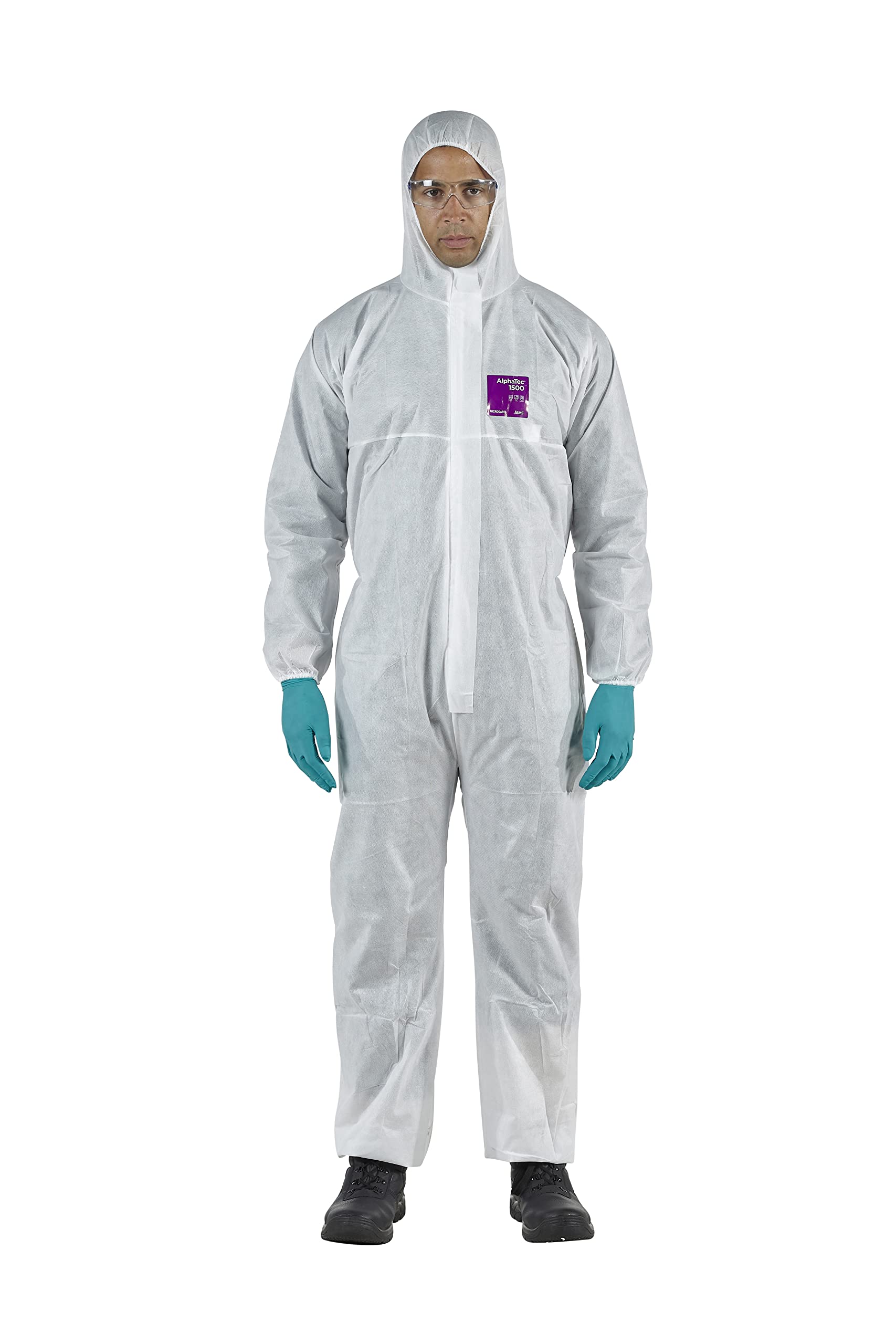 Ansell AlphaTec 1500 Model 138, Disposable Work Overall with Hood, Chemical Protection Type 5/6, Water Repellent Coverall Suit, Industrial Safety Workwear, Men Women, White, Size S (1 Unit)