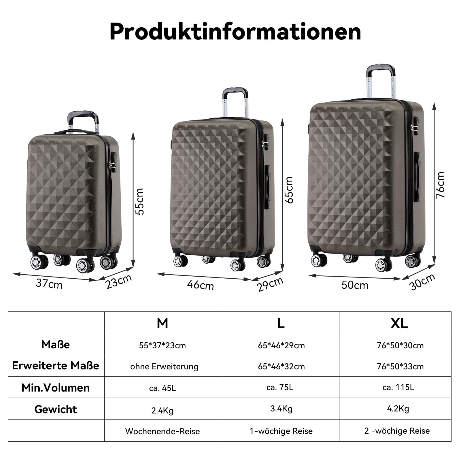 BEIBYE Trolley Koffer Reisekoffer Reisekofferset Gepäckset Kofferset 4 Zwillingsrollen Hartschale (Coffee) 5