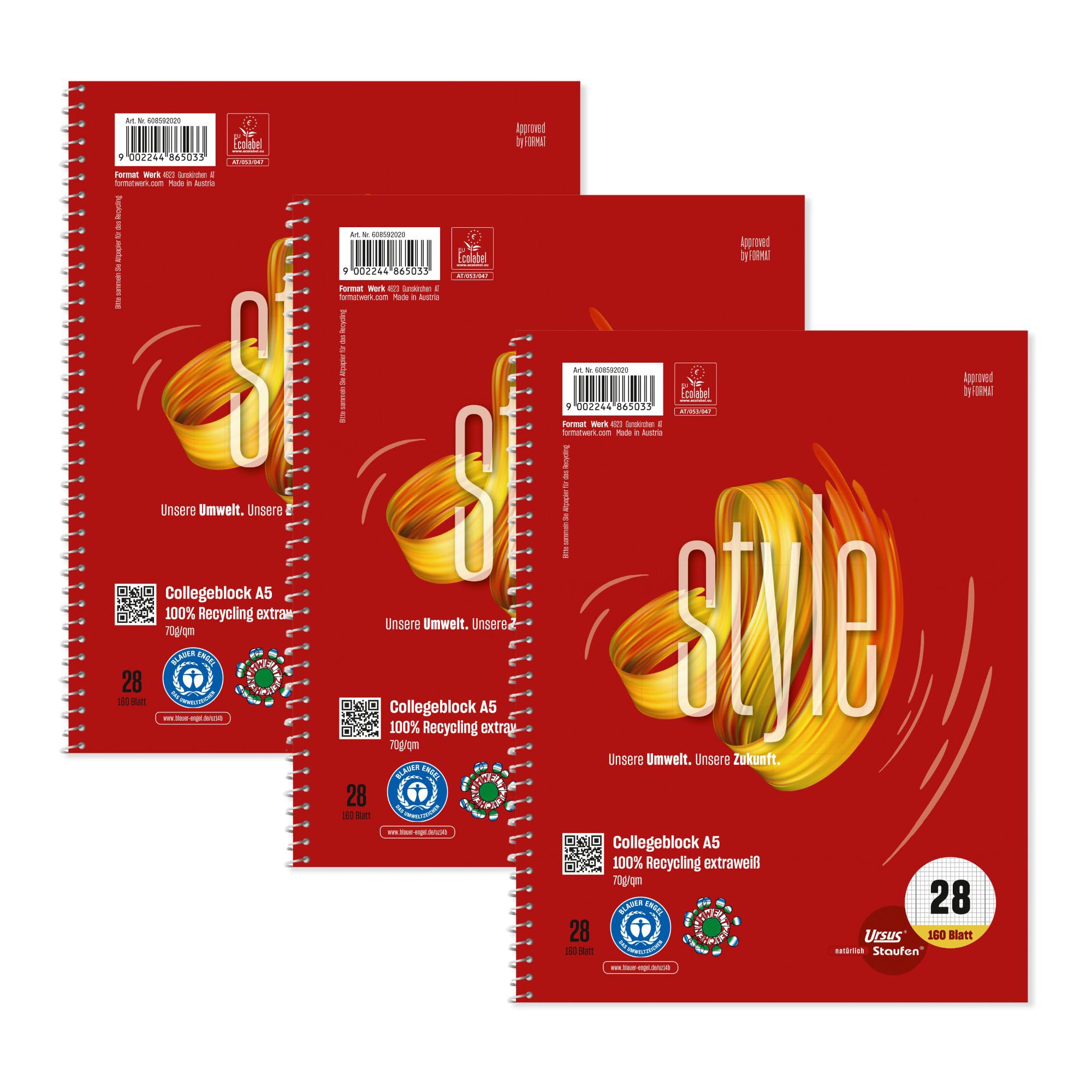 Staufen Green College Notepad DIN A5, 5 mm Squared, 160 Sheets, 4 Holes, Premium White 70 g/m² Recycled Paper, Pack of 3