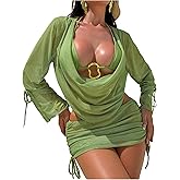 SweatyRocks Women's 4 Piece Swimsuits Halter Bikini Sets with Drawstring Sheer Mesh Cover Up Bathing Suit