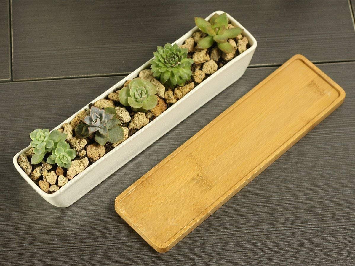 Succulent Pots with Bamboo Tray - Cactus Pots Containers for Succulents Planting Mini Succulent Pots Rectangular Ceramic Pots