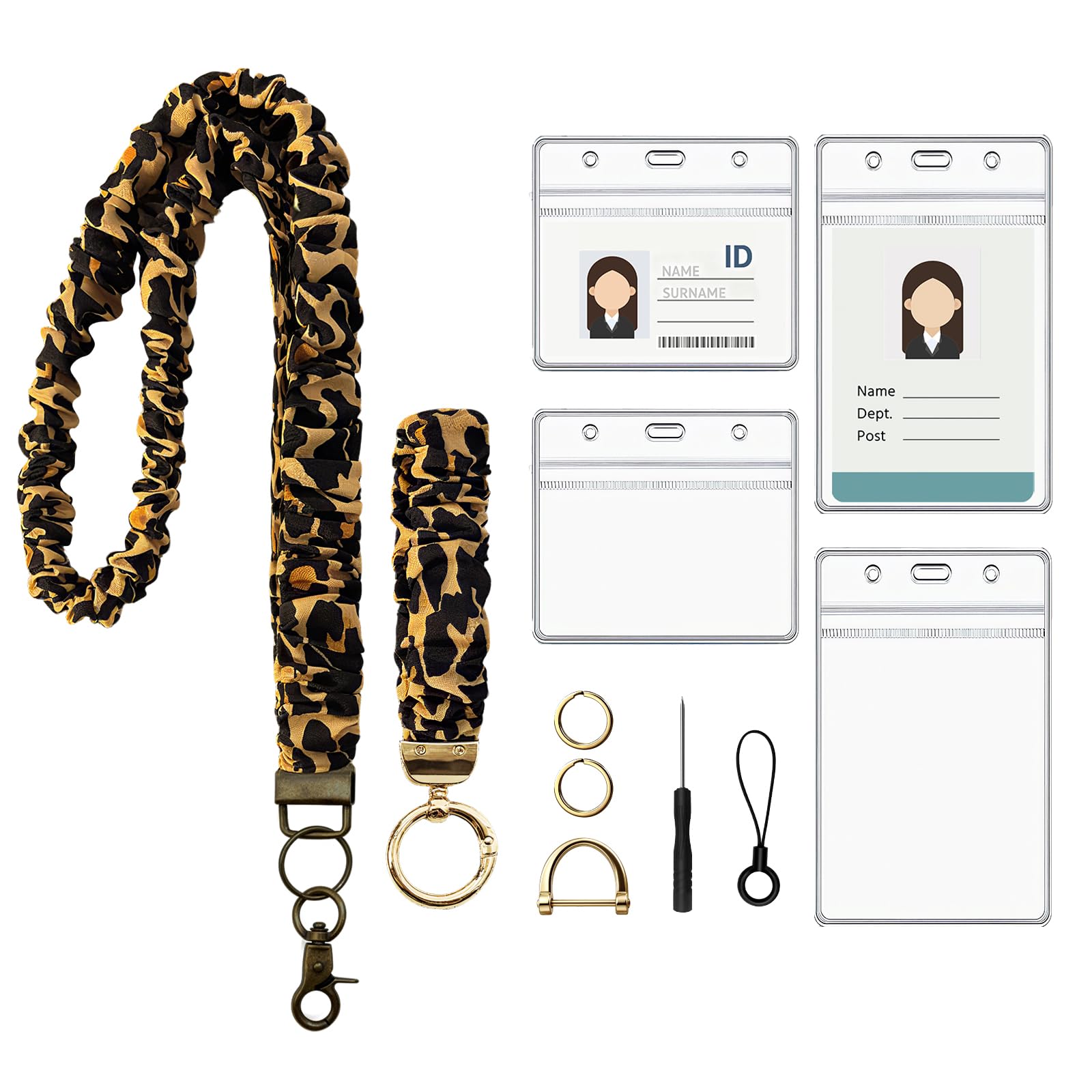 Photo 1 of ++2 PACK++Dazhuocs Stretchy Scrunchie Lanyard for Id Badges, Cute Teacher Lanyard Keychain Wristlet with 4 Id Holders for Women, Teachers, Nurses, School Office Supplies (Leopard)