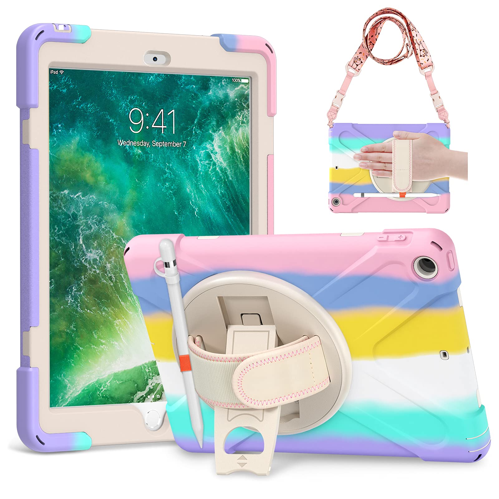 Gerutek for iPad 6th/5th Generation Case kids 9.7 inch 2018/2017, Shockproof Protective Case [360° Rotating Stand][Hand & Shoulder Strap][Pencil Holder] Cover for iPad 6th/5th Generation, Rainbow