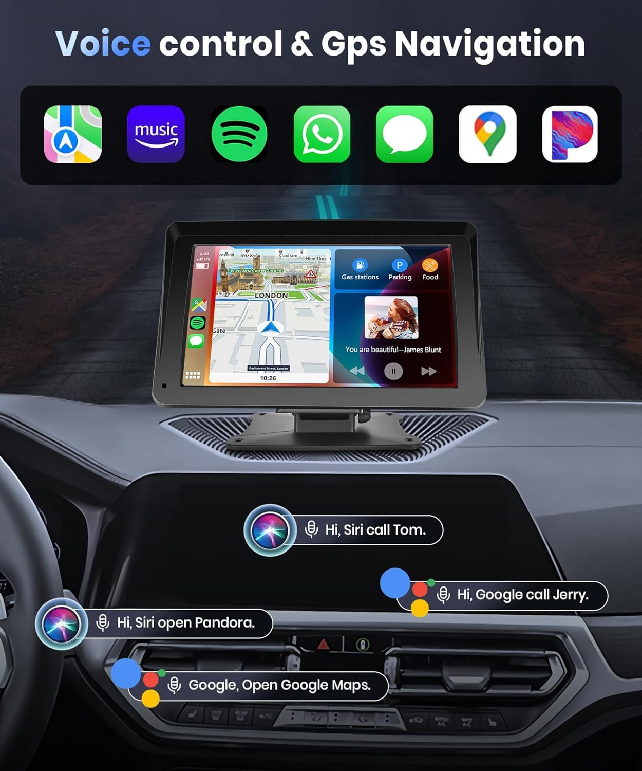podofo Portable Car Stereo Wireless Carplay Android Auto,7 Inch Touch Screen Car Radio with Bluetooth Hands-Free/Mirror Link/Maps Navigation/Voice Control/TF Card/AUX,for Cars, Trucks, SUVs