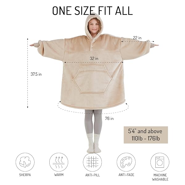DEGREES OF COMFORT ORIGINAL SHERPA WEARABLE BLANKET HOODIE, OVERSIZED HOODED SWEATSHIRT BLANKETS, ONE BIG SIZE FITS ALL, 38X32 SAND
