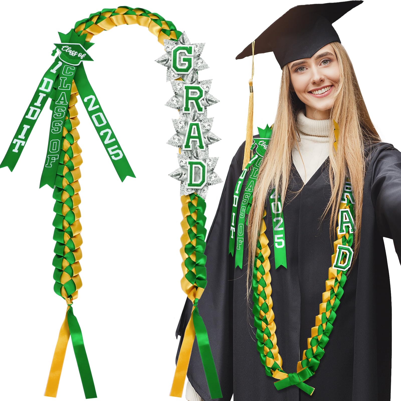 Photo 1 of Knitgrip 63'' Graduation Lei 2025 Handmade Double Braided Ribbon Necklace with Tassel & Number Patch Class of 2025 Honor Cord Gift Set Money Leis Kit for College Graduation Party(Green,Gold)