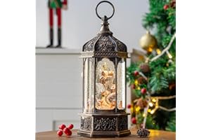 TIMEFLIES 12.75'' Rotating Scene Musical Christmas Snow Globe Light Lantern- Snow Mountain Town with Swirling Glitter Water Lantern Decoration for Home, Battery Operated or USB Powered