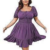 SCOMCHIC Womens Plus Size Mini Dress Square Neck Puff Short Sleeve Casual Summer A Line Boho Cute Spring Short Dresses