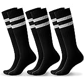 Haloumoning 3 Pairs Boys Soccer Athletic Socks Kids Striped Football Knee High Uniform Sports Tube Socks 4-15 Years
