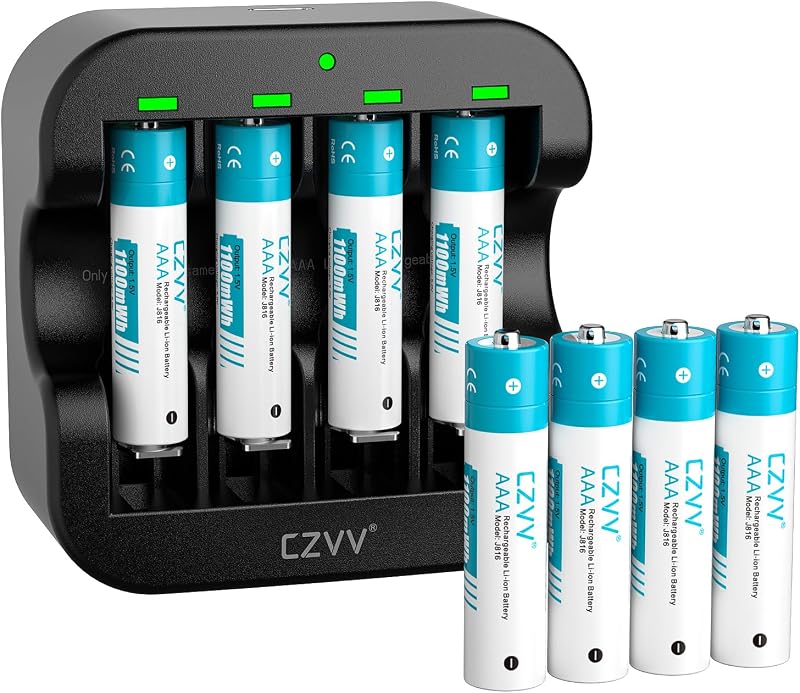 Pile Ricaricabili AAA Litio1,5V - Caricatore 4 Slot Intelligente LED con 8 Pezzi Batterie Lithium Alta Capacità 1100mWh - Caricabatterie Ricarica Rapida 2H, 1300 Cicli, Durata Ultra Lunga 10 Anni — foto 1 di 7