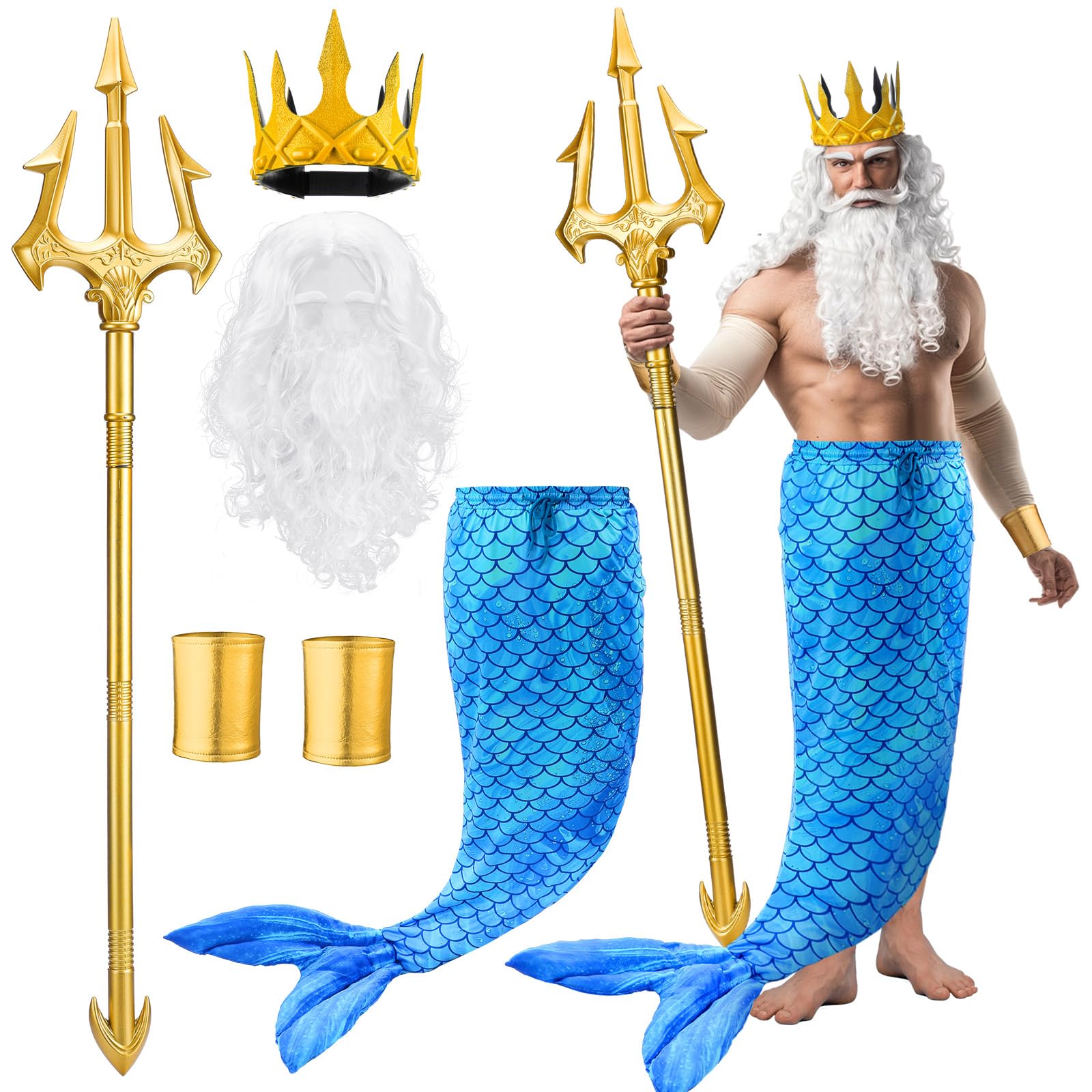 Photo 1 of 6 Pcs Halloween Poseidon Costume Set Sea Costume Neptune Merman God of the Sea Cosplay for Men Adults(M)