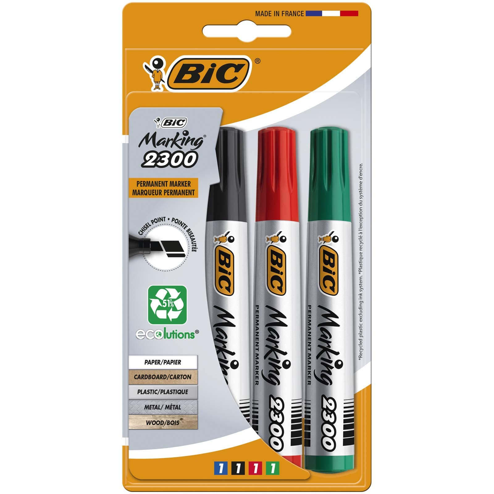 BIC Marking 2300 Permanent Markers Chisel Tip Assorted Colours 4 Pack