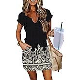 SAUKOLE Women Summer T Shirt Dress Casual Short Sleeve V Neck Dress with Pockets Drawstring Waist Short Dresses