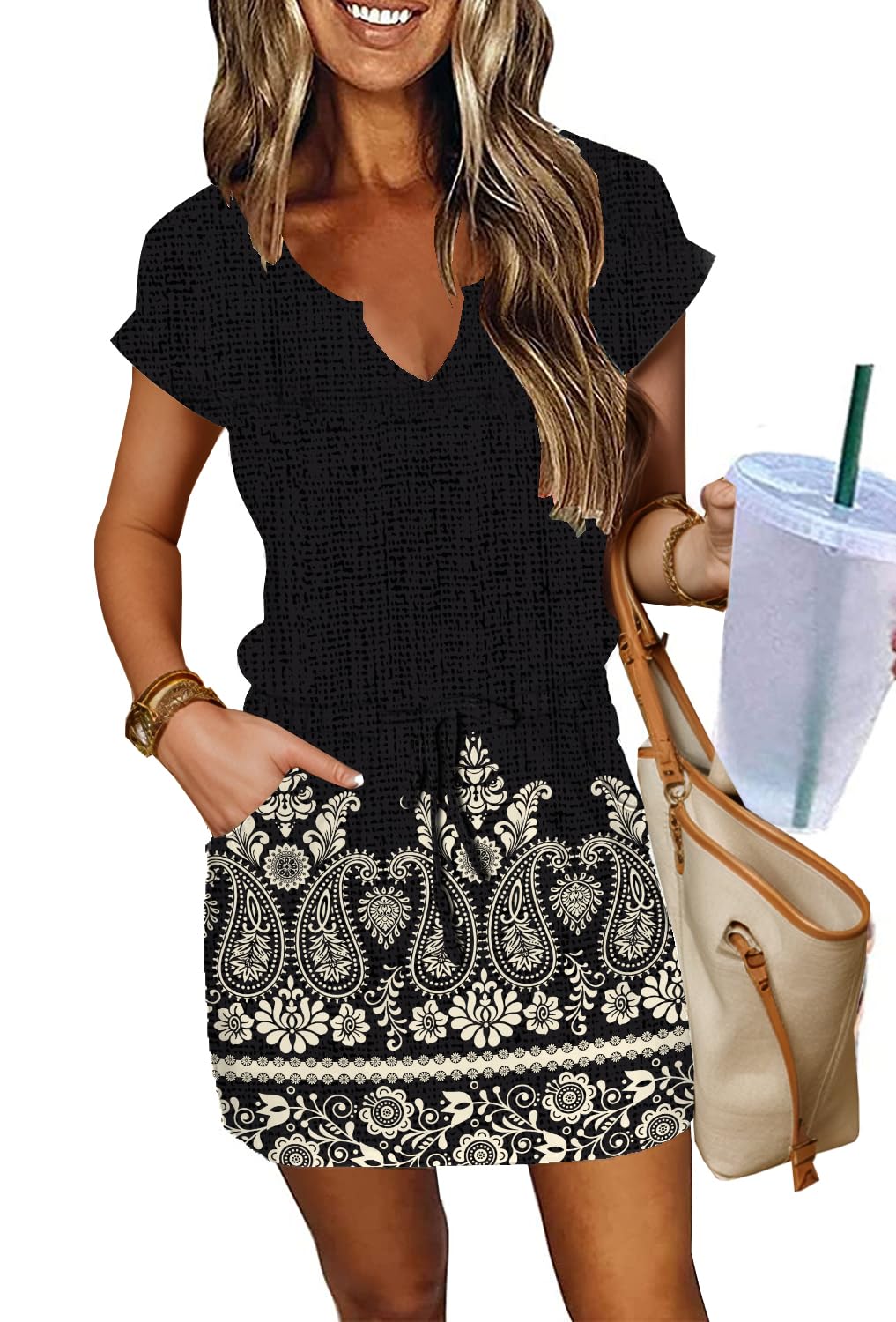 SAUKOLE Women Summer T Shirt Dress Casual Short Sleeve V Neck Dress ...