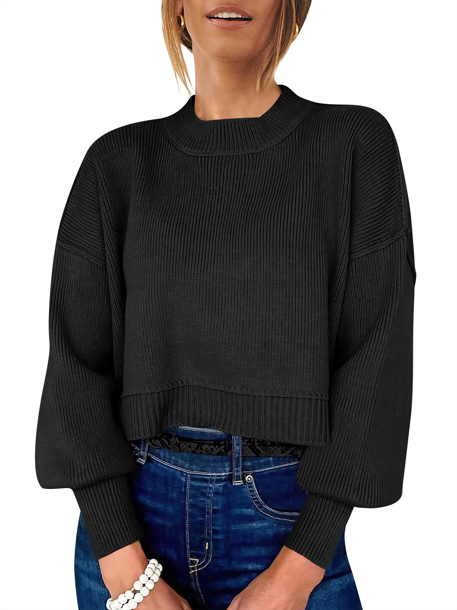 Photo 1 of ANRABESS Womens Cropped Sweaters Oversized Crewneck Long Batwing Sleeve Side Slit Ribbed Knit Pullover Tops 2025 Fall Clothes Black Small