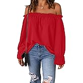 Spriolim Women's Off Shoulder Top Ruffle Long Sleeve Chiffon Blouse Casual Loose Shirts