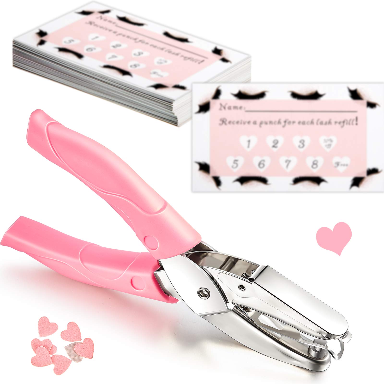 Photo 1 of 150 Pieces Heart Shaped Lash Extension Refill Filler Loyalty Punch Cards with Metal Single Handheld Hole Paper Punch Puncher for Eyelash Extensions Business Beauty Salons DIY Craft Decoration