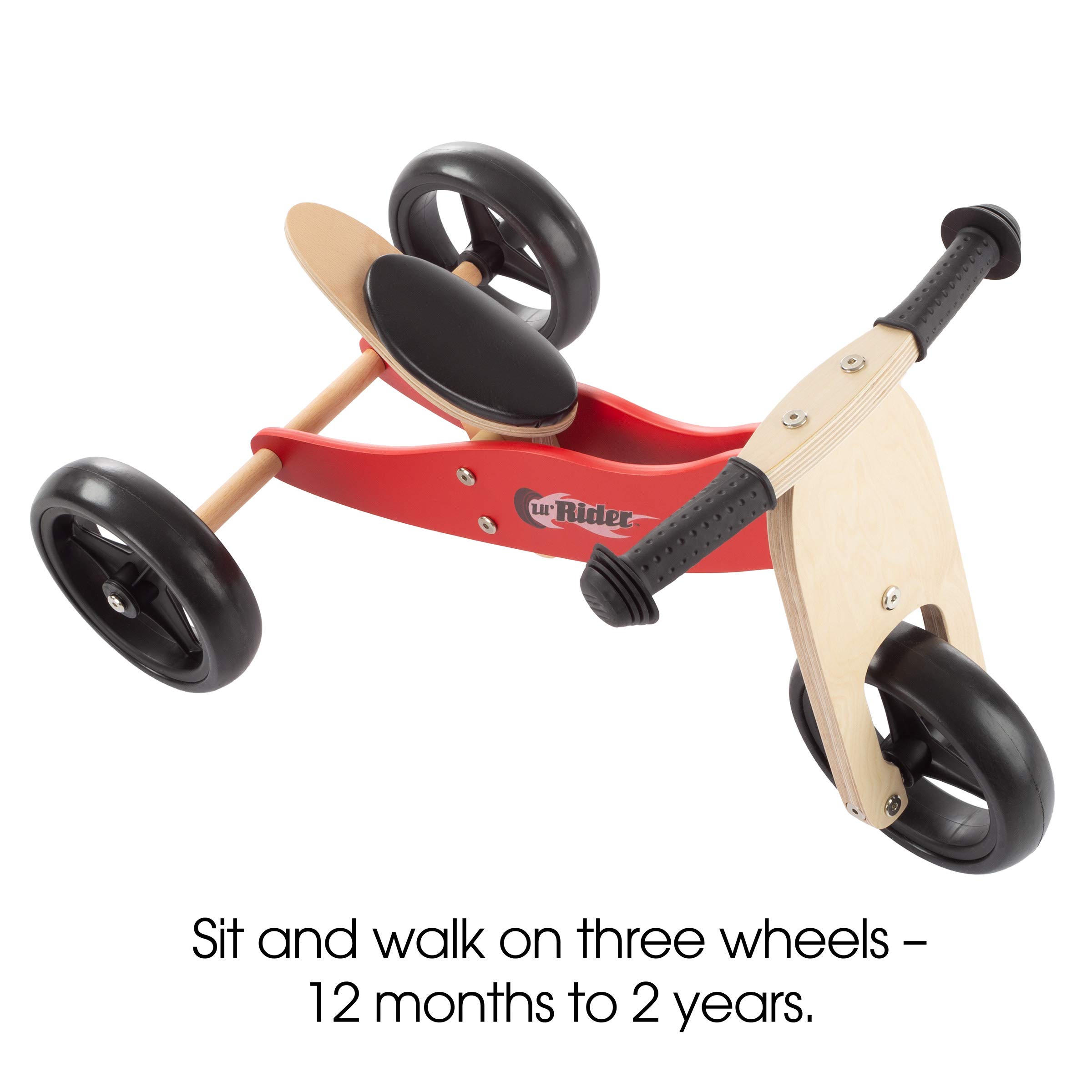 Lil' Rider 2-in-1 Wooden Balance Bike & Push Tricycle- Ride-On Toy with Easy Grip Handles, No Pedals, Rubber Wheels for Boys and Girls, Ages 18 Months and Up , Red, Large
