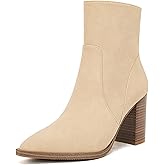 LAICIGO Women's Pointed Toe Ankle Boots Chunky Stacked Heel Side Zipper Faux Leather Ankle Booties