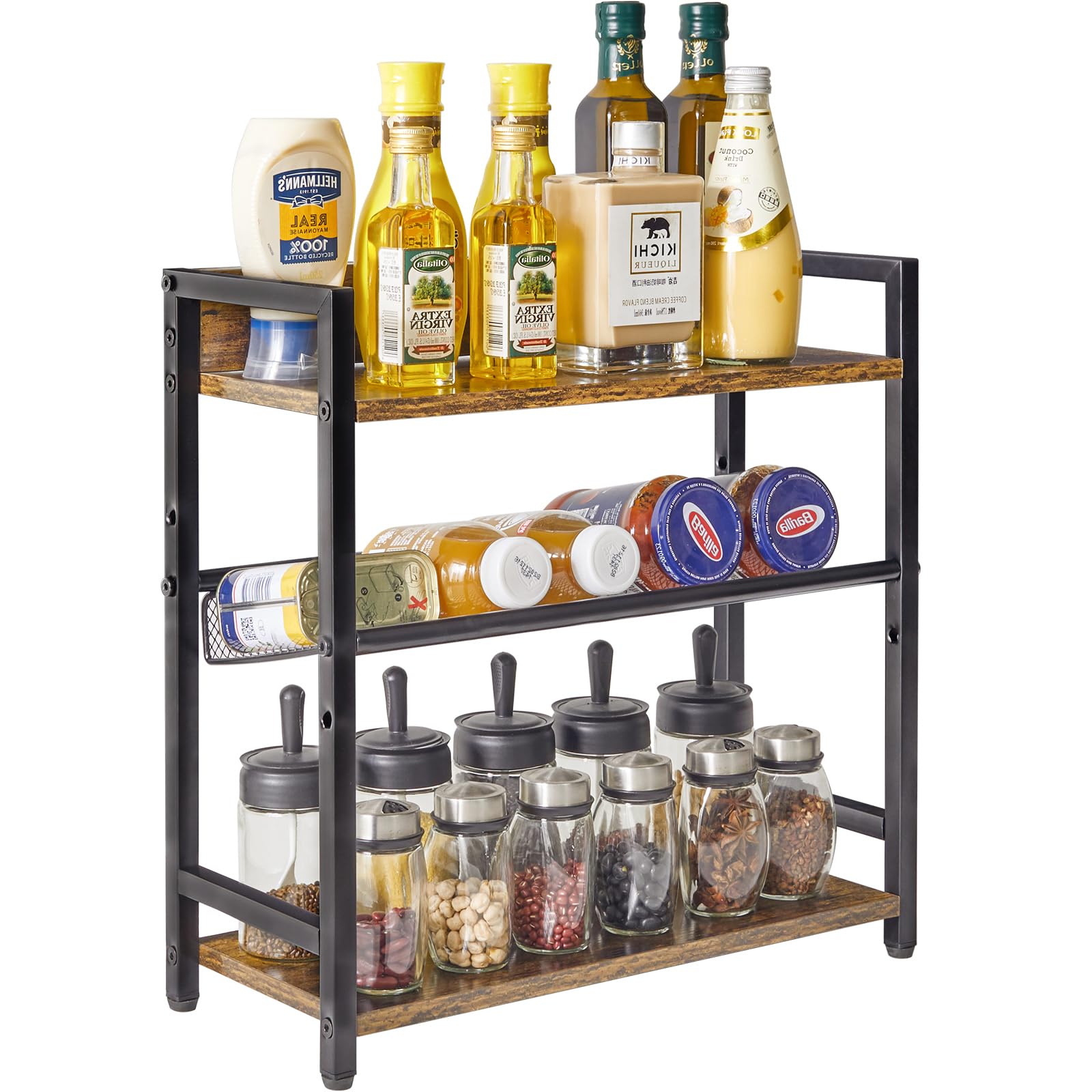 Photo 1 of IBUYKE 3-Tier Spice Rack Industrial Counter Shelf Desktop Storage Organizer Standing Seasoning Rack for Countertop Kitchen Office Living Room Desktop Rustic Brown UTLJ021H