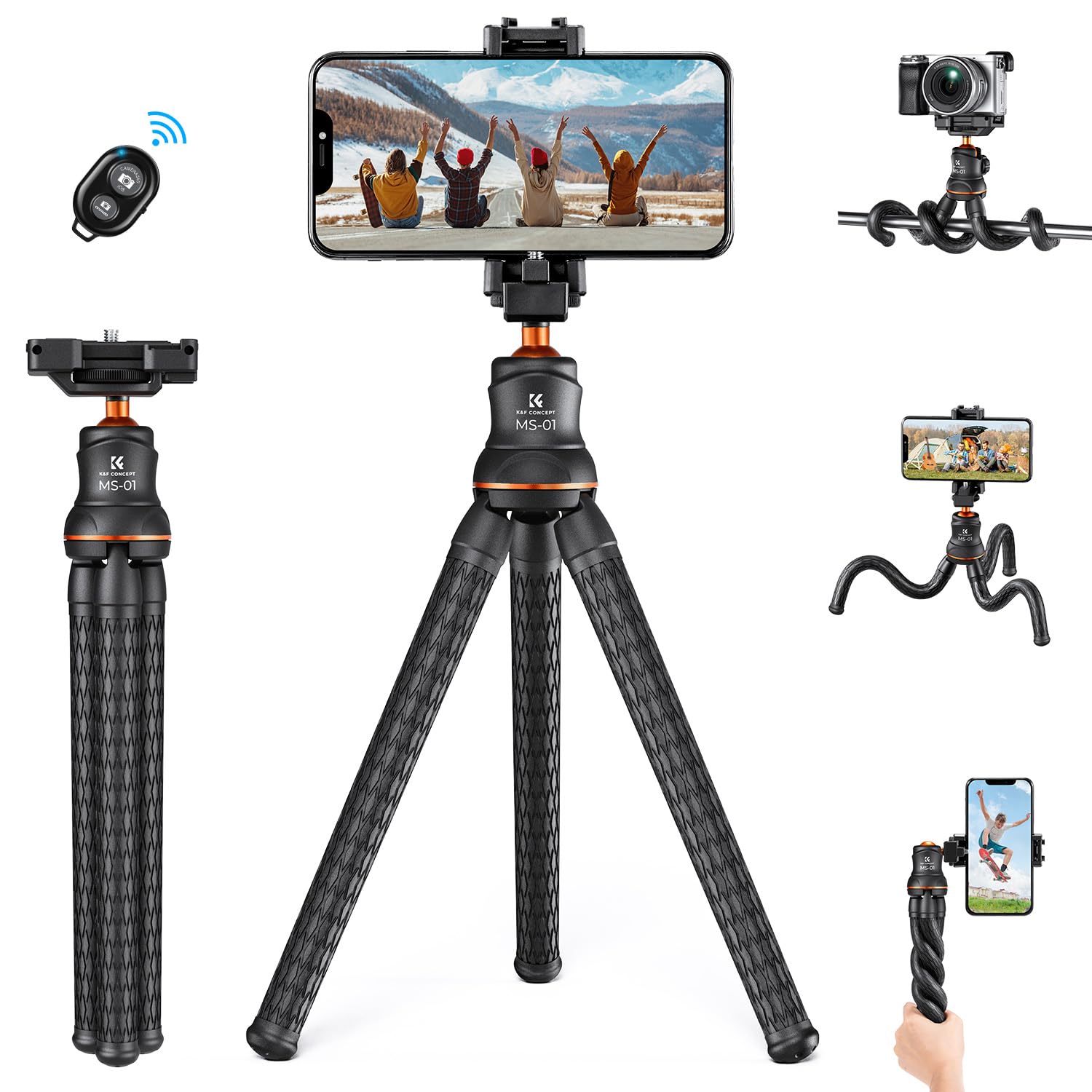 K&F CONCEPT Flexible Tripod, Mini Flexible Tripod for Camera with Bluetooth Remote, 1/4'' Screw Hidden Phone Holder with Cold Shoe Mount, 3kg Load Capacity