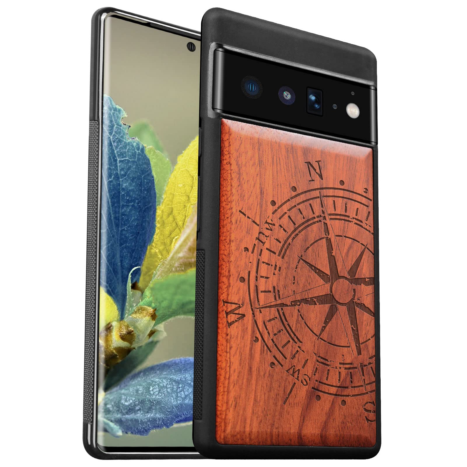 Carveit Wood Case for Pixel 6 Pro Case [Hard Real Wood & Soft TPU] Shockproof Hybrid Protective Cover Unique & Classy Wooden Case Compatible with Google Pixel 6 Pro Case (Vintage Compass-Rosewood)